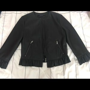 Zara Black Faux Leather Jacket Ruffles